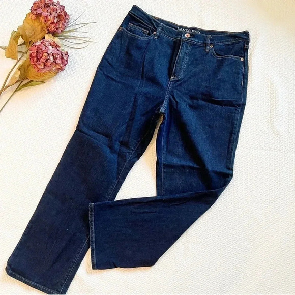 Lands’ End High Rise Straight Dark Wash Jeans Size 14 Petite - Picture 1 of 11
